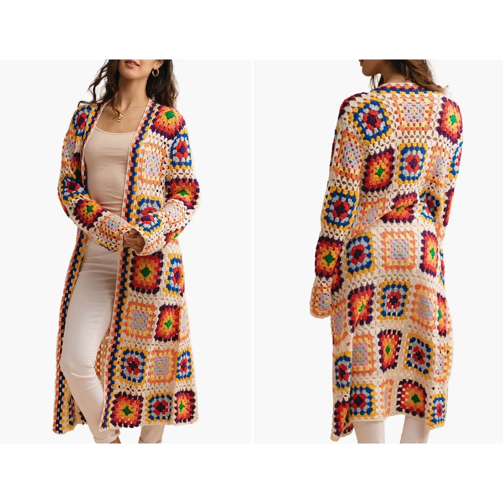 Saachi Womens Multicolor Granny Square Crochet Duster Cardigan Long Open Front‎